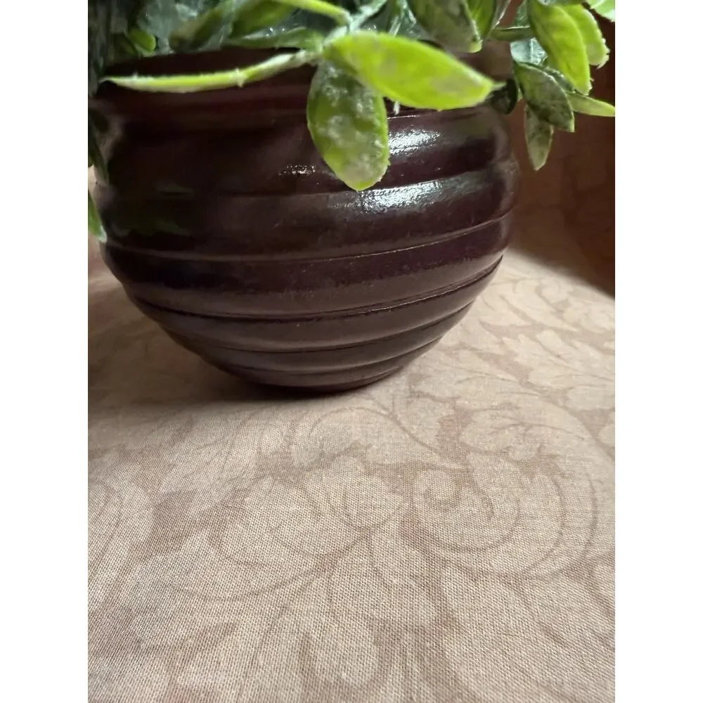Vintage STEFANI Brazil Handmade Pottery Ribbed Maroon Jardiniere Planter Pot